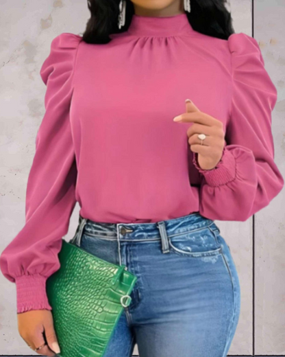 Blusa de Mujer con Cuello Alto y Mangas Largas Abullonadas | Ideal para Uso Diario y Profesional