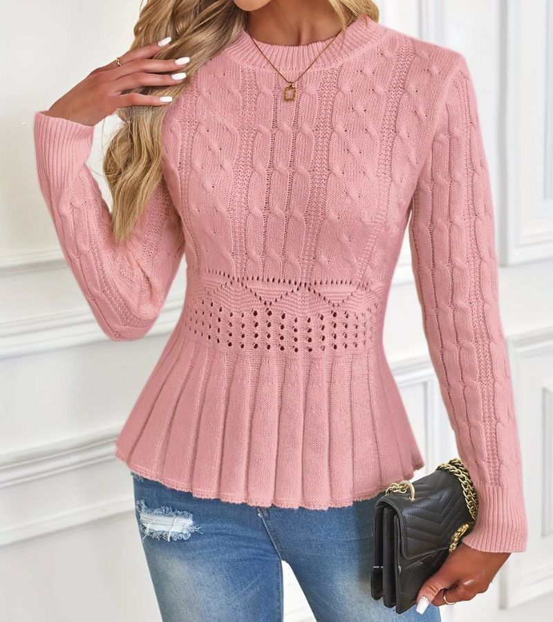 Jersey De Manga Larga Con Dobladillo Peplum Y Patrón Trenzado Para Mujer | Ideal Para Uso Diario Y Superposición