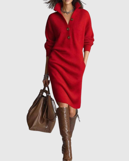 Vestido Midi Con Cuello Abotonado Y Mangas Largas Para Mujer | Ideal Para Días Fríos Y Uso Diario