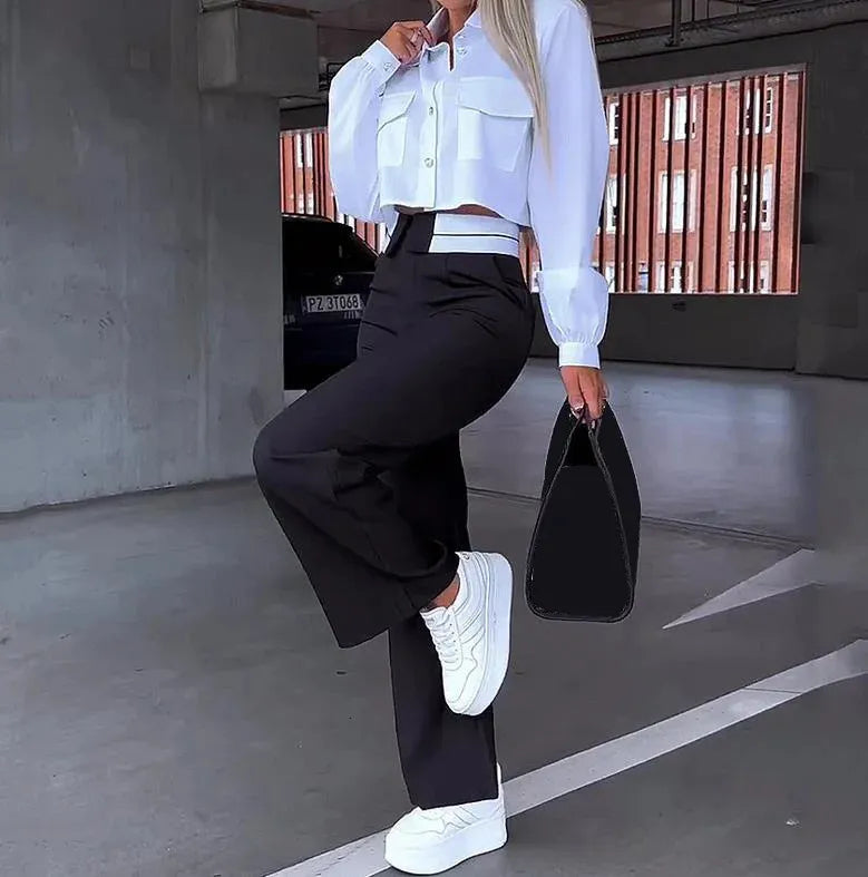 Conjunto De Dos Piezas Con Blazer A Rayas Y Pantalón Con Cordón Para Mujer | Ideal Para Uso Profesional