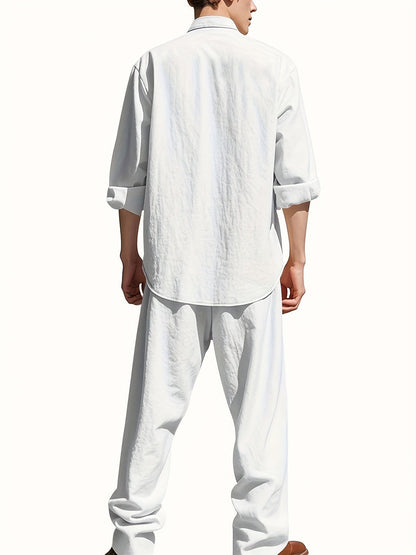 Conjunto de Dos Piezas con Camisa de Cuello Mao y Pantalón con Cintura Ajustable para Hombre | Ideal para Uso Diario