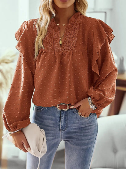 Blusa de Manga Larga con Cuello con Volantes y Textura de Lunares para Mujer | Ideal para Uso Diario