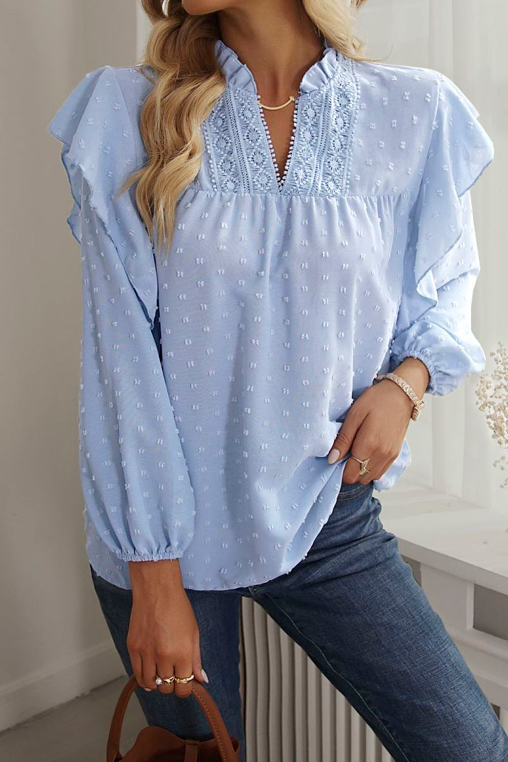 Blusa de Manga Larga con Cuello con Volantes y Textura de Lunares para Mujer | Ideal para Uso Diario
