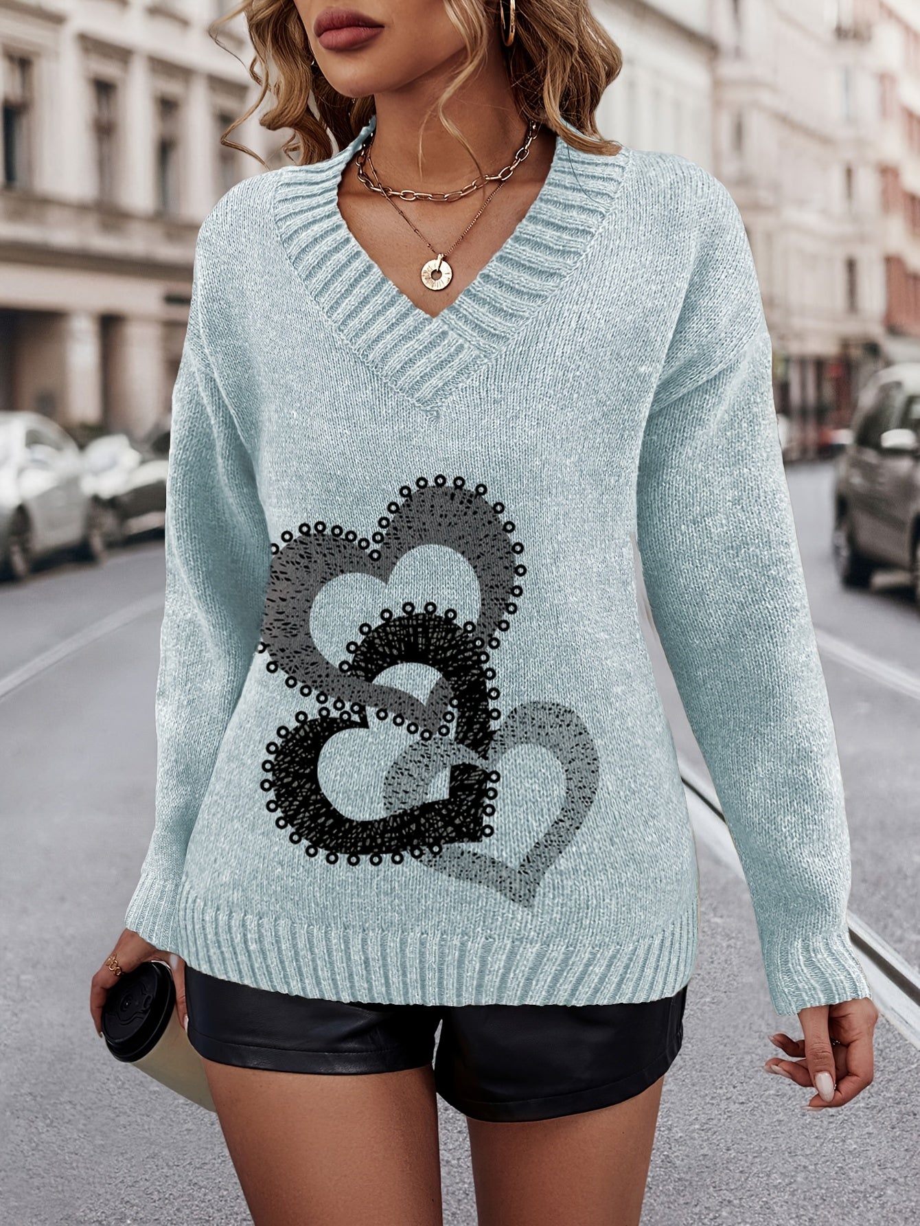 Jersey De Manga Larga Con Motivo De Corazones Para Mujer | Ideal Para Uso Diario Y Superposición