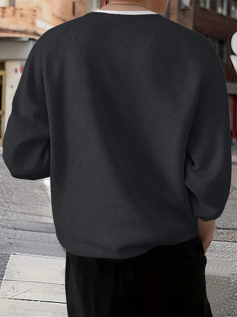 Camiseta Henley de Manga Larga con Textura de Patrón Tipo Panal para Hombre | Ideal para Uso Diario