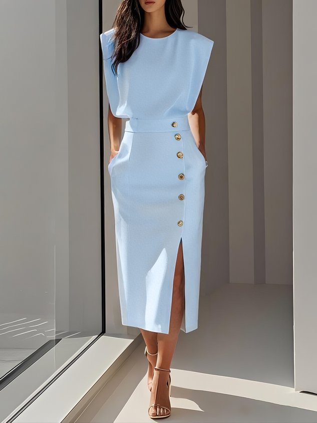 Vestido Midi Sin Mangas Con Botones Frontales Para Mujer | Ideal Para Uso Diario Y Ocasiones