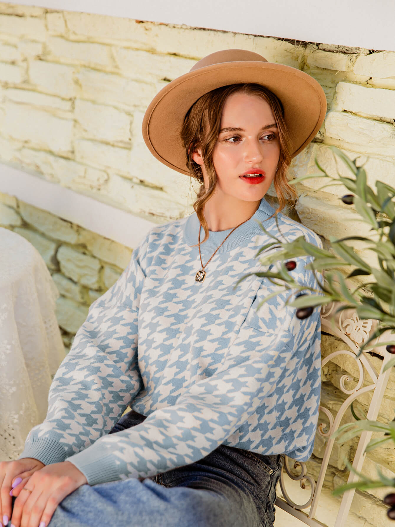 Jersey De Manga Larga Con Motivo Pied-De-Poule Y Cuello Redondo Para Mujer | Ideal Para Uso Diario