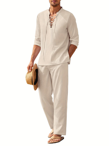 Conjunto De Ropa Dos Piezas Con Top Henley De Manga Larga Y Pantalón Para Hombre | Ideal Para Verano