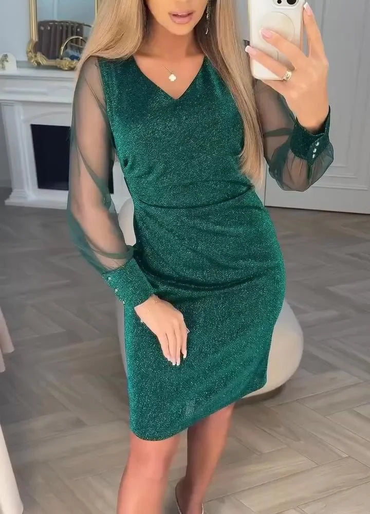 Vestido Midi Con Escote En V Y Mangas Transparentes Para Mujer | Ideal Para Uso Diario Y Actividades Sociales
