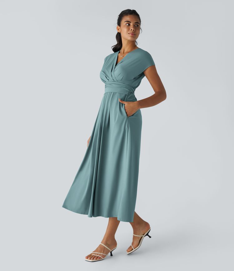 Vestido Midi Con Cintura Alta Y Escote En V Para Mujer | Ideal Para Uso Diario Y Ocasiones Informales