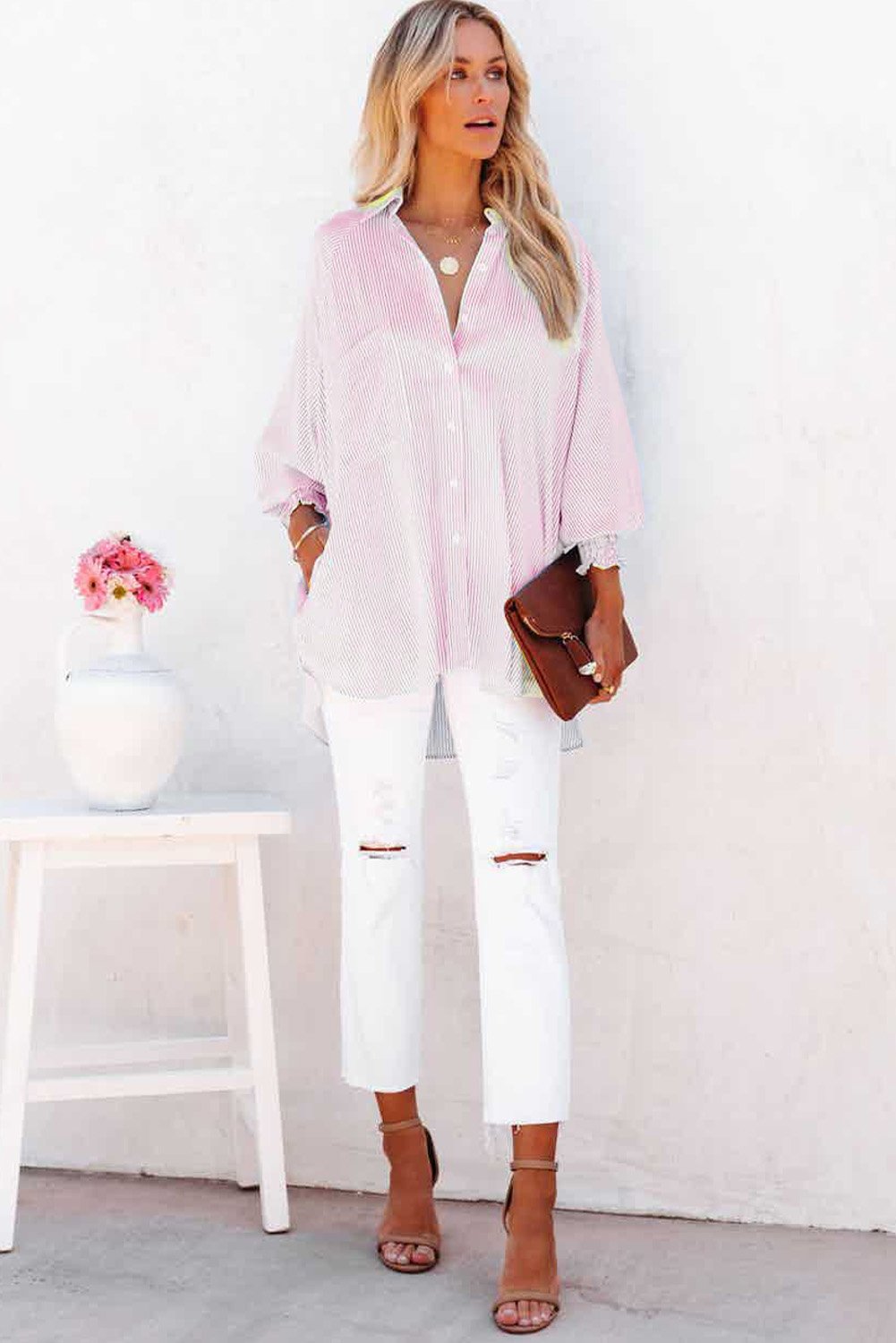 Camisa Midi Con Estampado De Rayas Y Mangas Oversize Para Mujer | Ideal Para Uso Diario Y Viajes