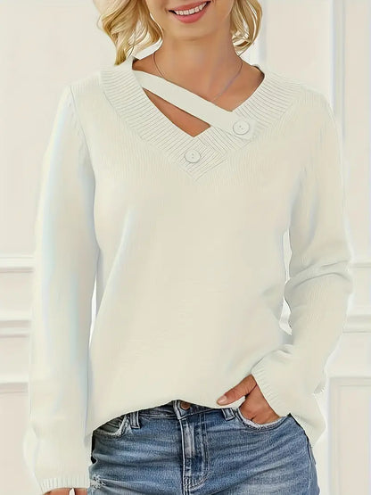 Jersey De Manga Larga Con Escote En V Y Detalle De Botones Para Mujer | Ideal Para Uso Diario Y Superposición