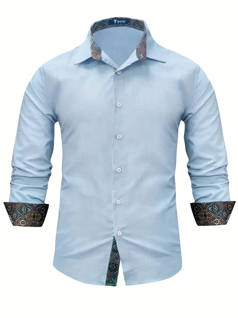 Camisa de Manga Larga con Cierre de Botones y Detalles Contrastantes para Hombre | Ideal para Uso Diario y Contextos Formales
