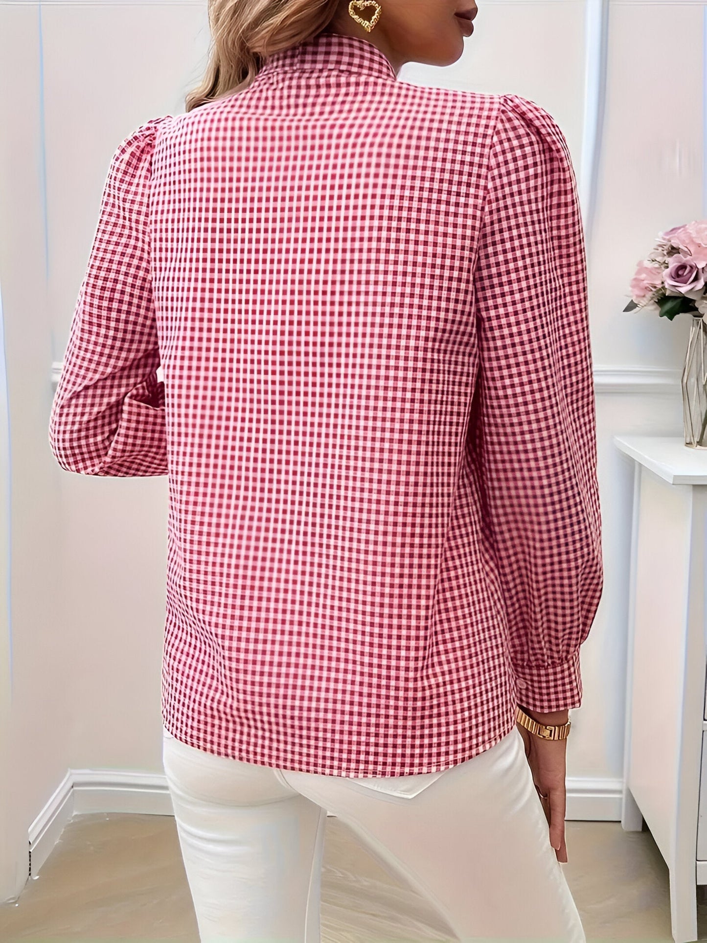 Blusa De Manga Larga Con Estampado De Cuadros Y Detalle De Lazo Para Mujer | Ideal Para Uso Diario O Profesional