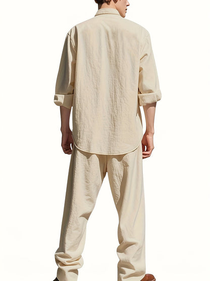 Conjunto de Dos Piezas con Camisa de Cuello Mao y Pantalón con Cintura Ajustable para Hombre | Ideal para Uso Diario