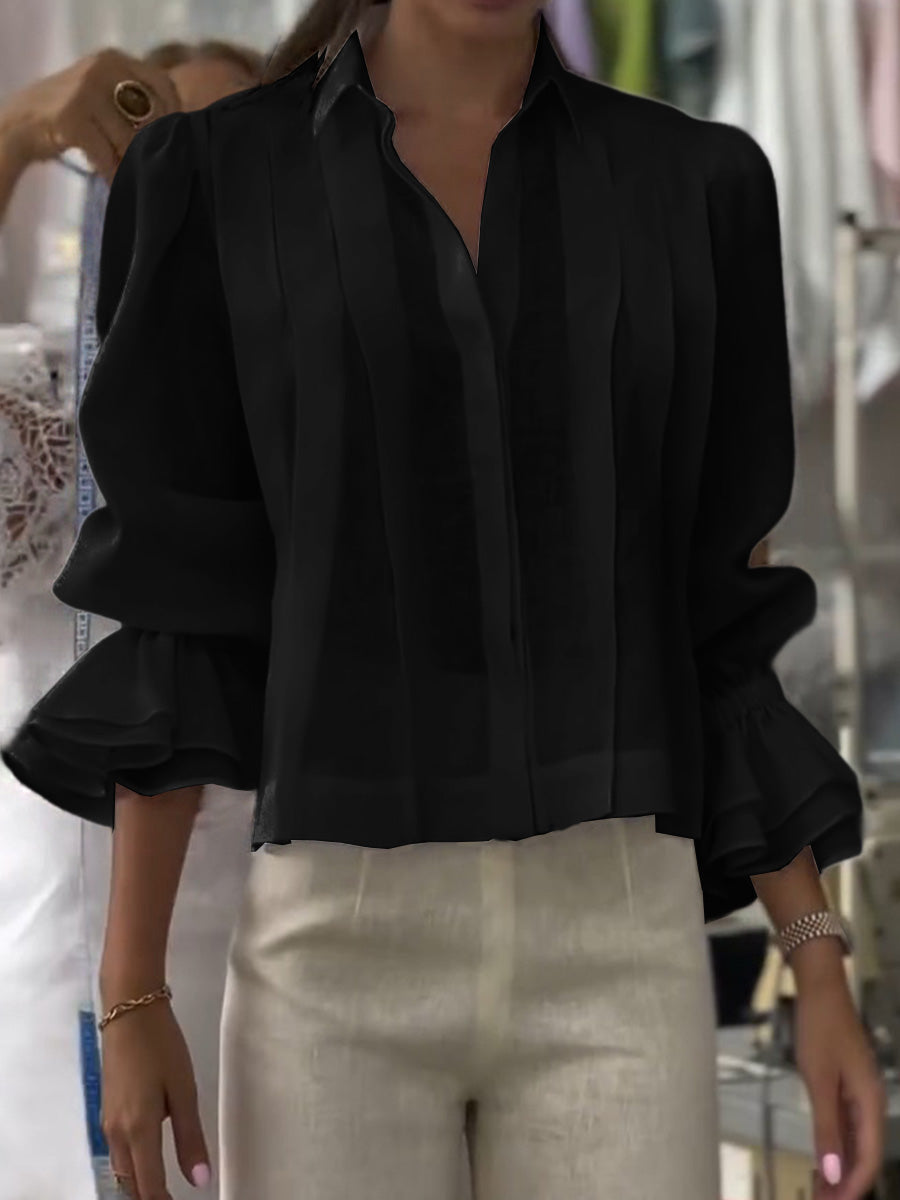 Blusa Corta con Pliegues Verticales y Mangas Abullonadas para Mujeres | Ideal para Uso Diario y Actividades Informales