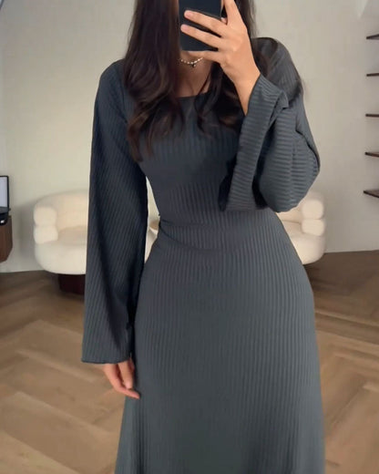 Vestido Largo de Punto con Manga Larga y Cuello Redondo para Mujer | Ideal para Uso Diario