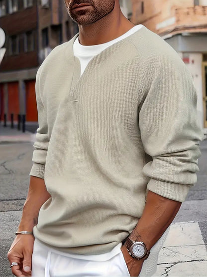 Camiseta Henley de Manga Larga con Textura de Patrón Tipo Panal para Hombre | Ideal para Uso Diario