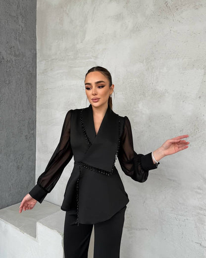 Conjunto De Dos Piezas Con Blazer Drapado Y Pantalón Recto Para Mujer | Ideal Para Ocasiones Formales