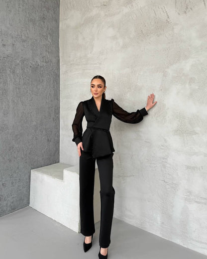 Conjunto De Dos Piezas Con Blazer Drapado Y Pantalón Recto Para Mujer | Ideal Para Ocasiones Formales