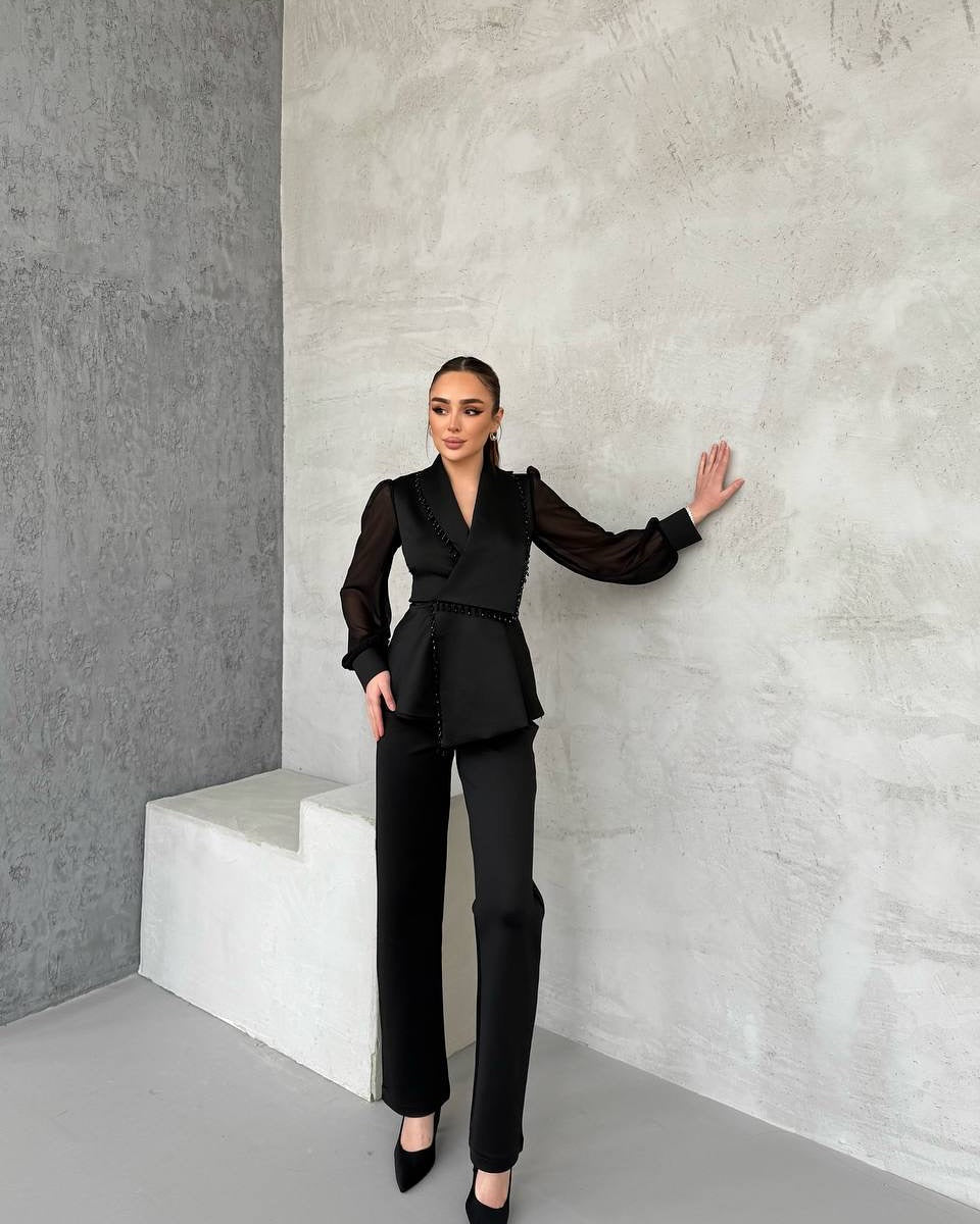 Conjunto De Dos Piezas Con Blazer Drapado Y Pantalón Recto Para Adultos | Ideal Para Eventos Y Reuniones Formales