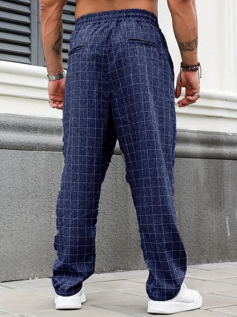 Pantalón de Corte Recto con Motivo Cuadriculado y Cintura Elástica para Hombre | Ideal para Uso Diario