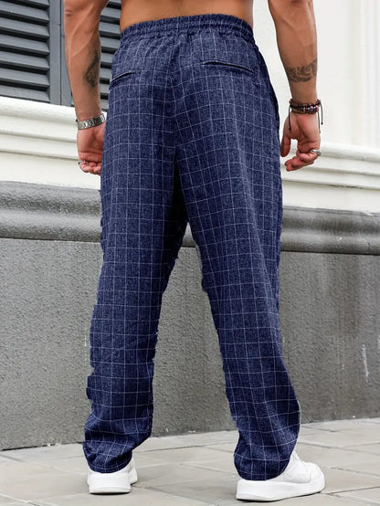 Pantalón de Corte Recto con Motivo Cuadriculado y Cintura Elástica para Hombre | Ideal para Uso Diario