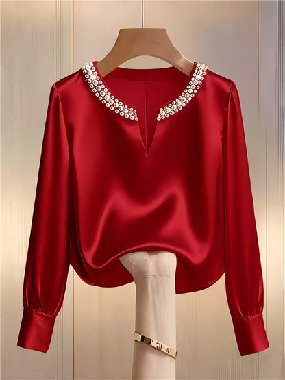 Camisa con Mangas Largas y Detalles de Perlas para Mujeres | Ideal para Trabajo y Ocasiones Especiales