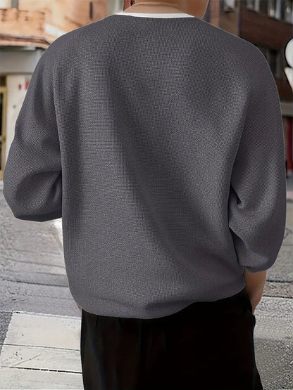 Camiseta Henley de Manga Larga con Textura de Patrón Tipo Panal para Hombre | Ideal para Uso Diario