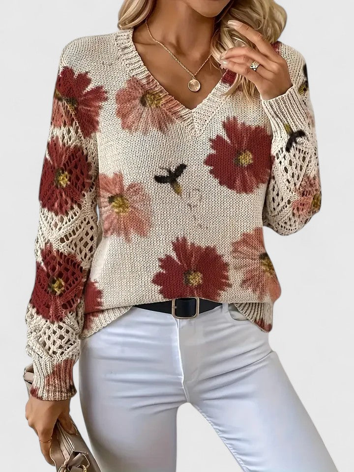 Jersey De Manga Larga Con Motivo Floral Y Cuello En V Para Mujer | Ideal Para Uso Diario