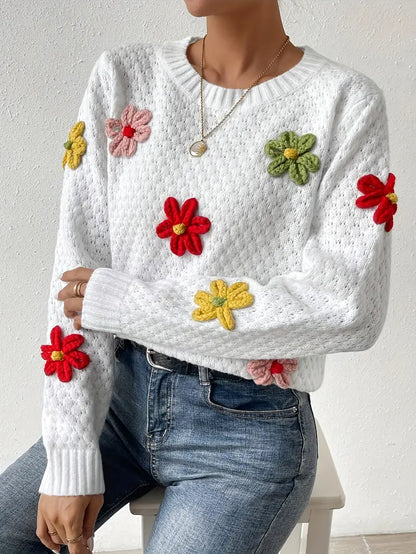 Jersey de Punto con Bordado de Flores en Relieve para Mujer | Ideal para Primavera y Otoño