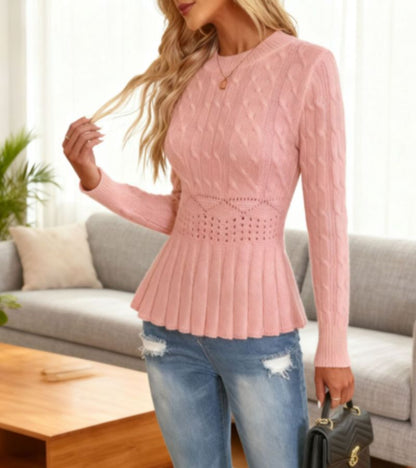 Jersey De Manga Larga Con Dobladillo Peplum Y Patrón Trenzado Para Mujer | Ideal Para Uso Diario Y Superposición