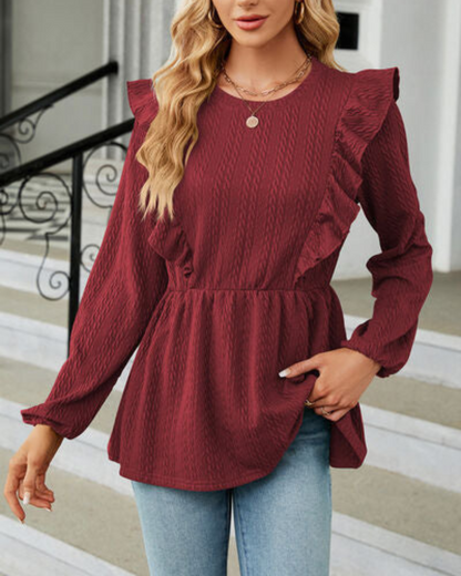 Blusa de Mujer con Cuello Redondo Volanteado y Mangas Largas | Ideal para Uso Diario y Profesional