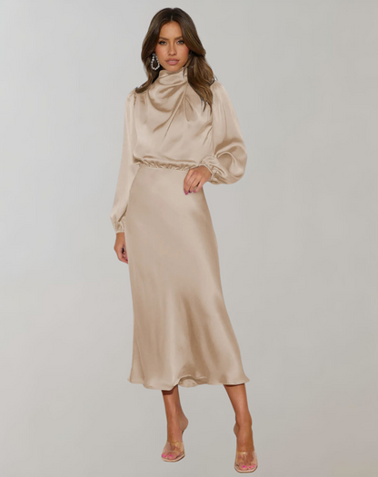 Vestido de Manga Larga con Corte Adaptado y Cuello Clásico para Mujer | Ideal para Ocasiones Formales y Semi-Formales