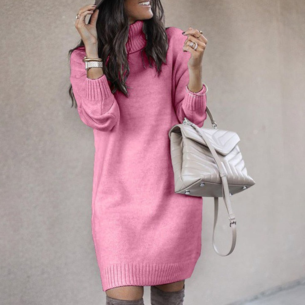 Vestido De Punto Con Cuello Alto Y Largo A La Rodilla Para Mujer | Ideal Para Otoño E Invierno
