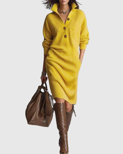 Vestido Midi Con Cuello Abotonado Y Mangas Largas Para Mujer | Ideal Para Días Fríos Y Uso Diario