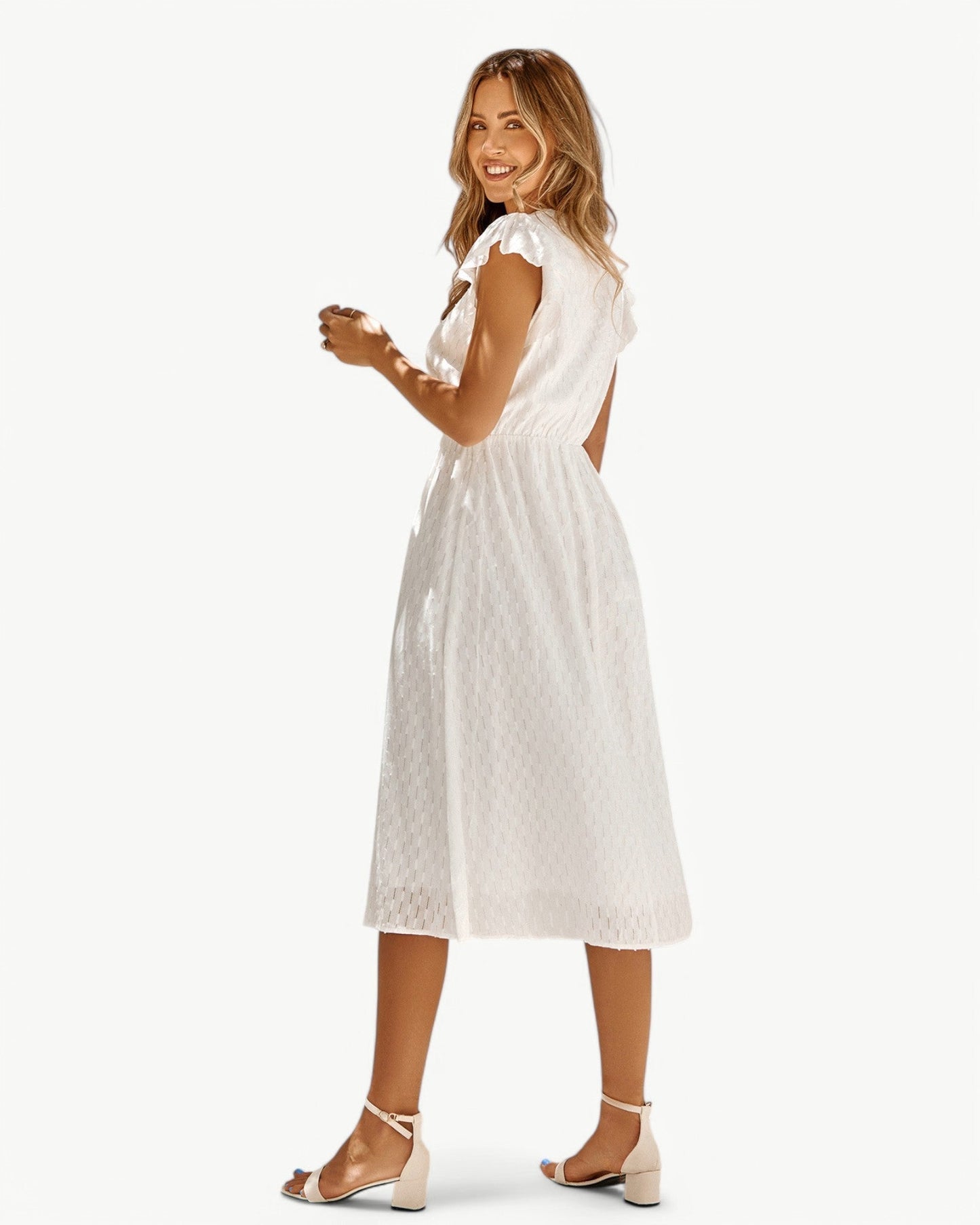 Vestido Midi Con Mangas De Volantes Y Cuello En V Para Mujer | Ideal Para Uso Diario