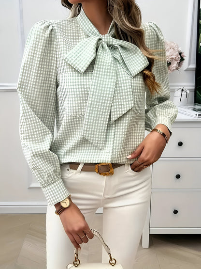 Blusa De Manga Larga Con Estampado De Cuadros Y Detalle De Lazo Para Mujer | Ideal Para Uso Diario O Profesional