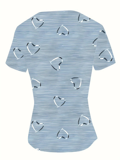 Top De Manga Larga Con Cuello En V Y Estampado De Corazones Para Mujer | Ideal Para Uso Diario