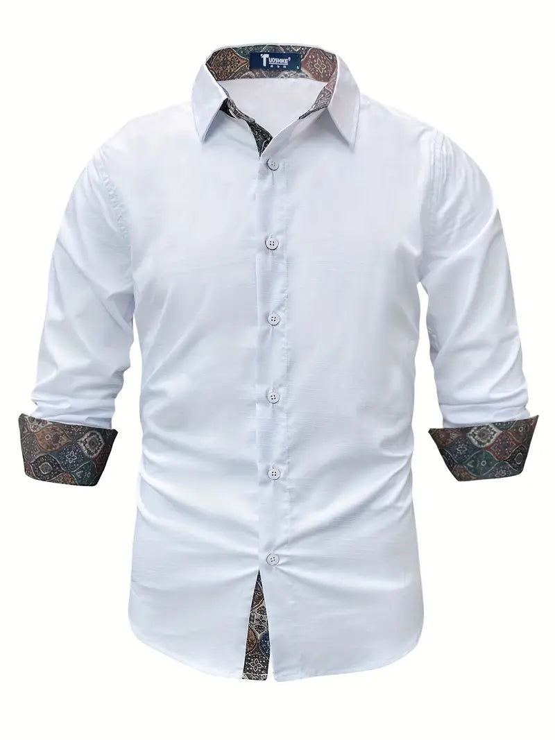 Camisa de Manga Larga con Cierre de Botones y Detalles Contrastantes para Hombre | Ideal para Uso Diario y Contextos Formales