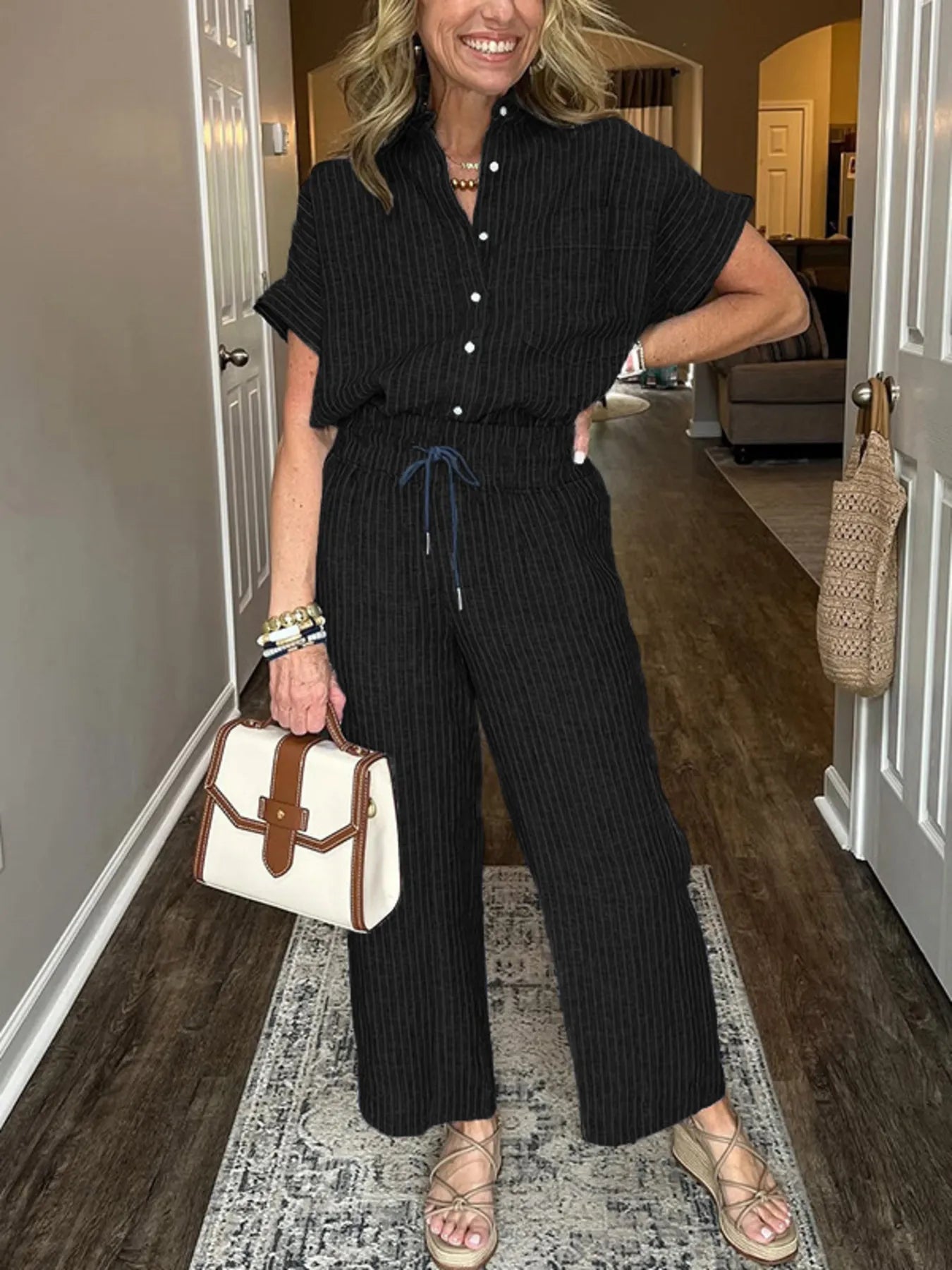 Conjunto De Dos Piezas Con Camisa Abotonada Holgada Y Pantalón Ancho Para Mujer | Ideal Para Uso Diario