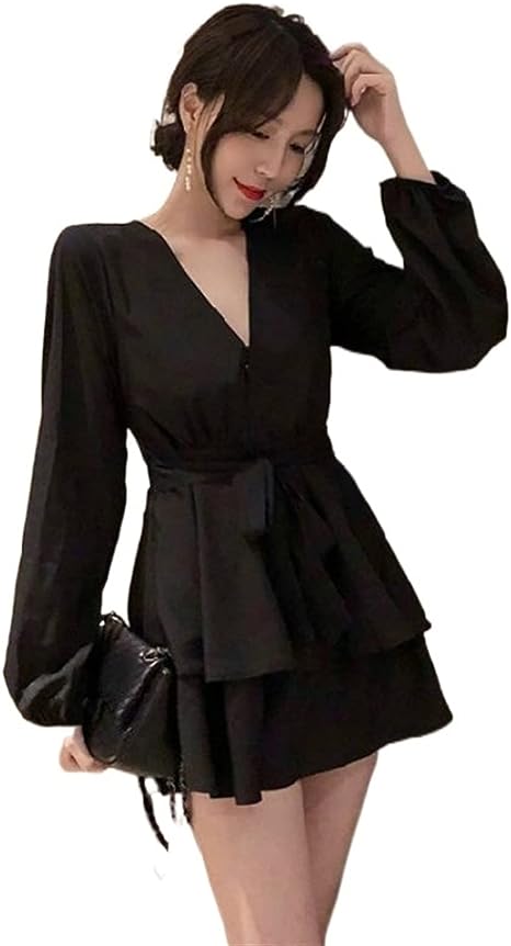 Vestido con Escote en V y Mangas Lanterna Para Mujer | Ideal Para Eventos y Salidas Informales