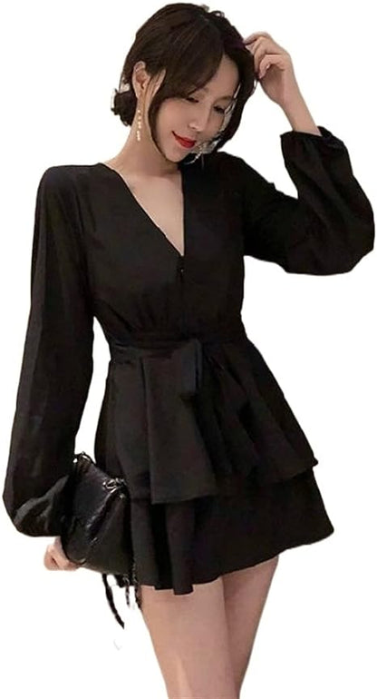 Vestido con Escote en V y Mangas Lanterna Para Mujer | Ideal Para Eventos y Salidas Informales