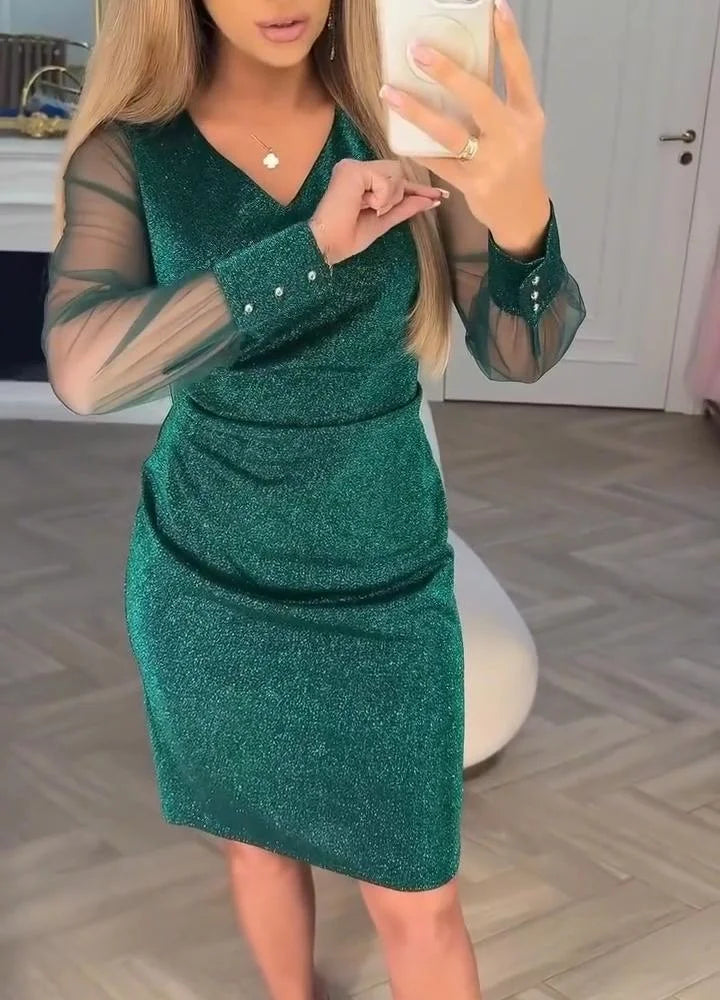 Vestido Midi Con Escote En V Y Mangas Transparentes Para Mujer | Ideal Para Uso Diario Y Actividades Sociales