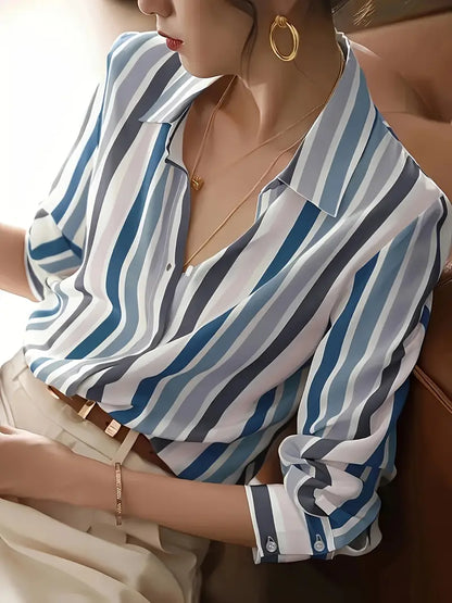 Camisa de Manga Larga con Rayas y Cierre de Botones para Mujer | Ideal para Uso Diario
