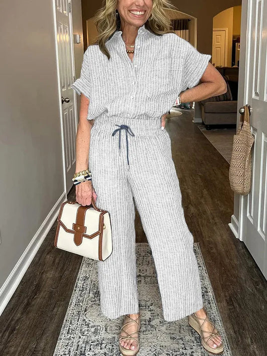 Conjunto De Dos Piezas Con Camisa Abotonada Holgada Y Pantalón Ancho Para Mujer | Ideal Para Uso Diario