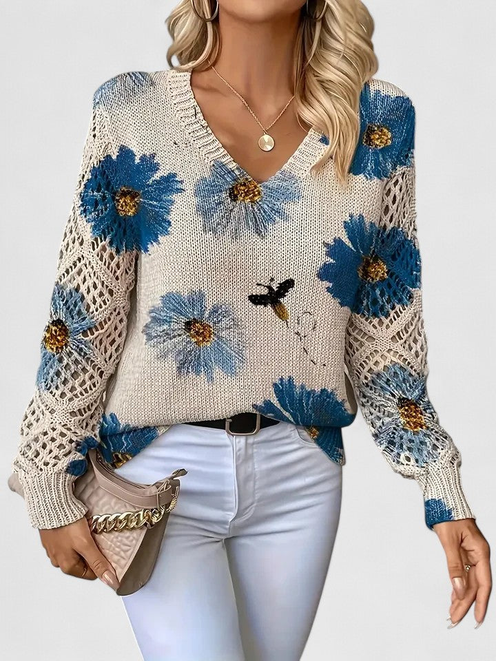 Jersey De Manga Larga Con Motivo Floral Y Cuello En V Para Mujer | Ideal Para Uso Diario