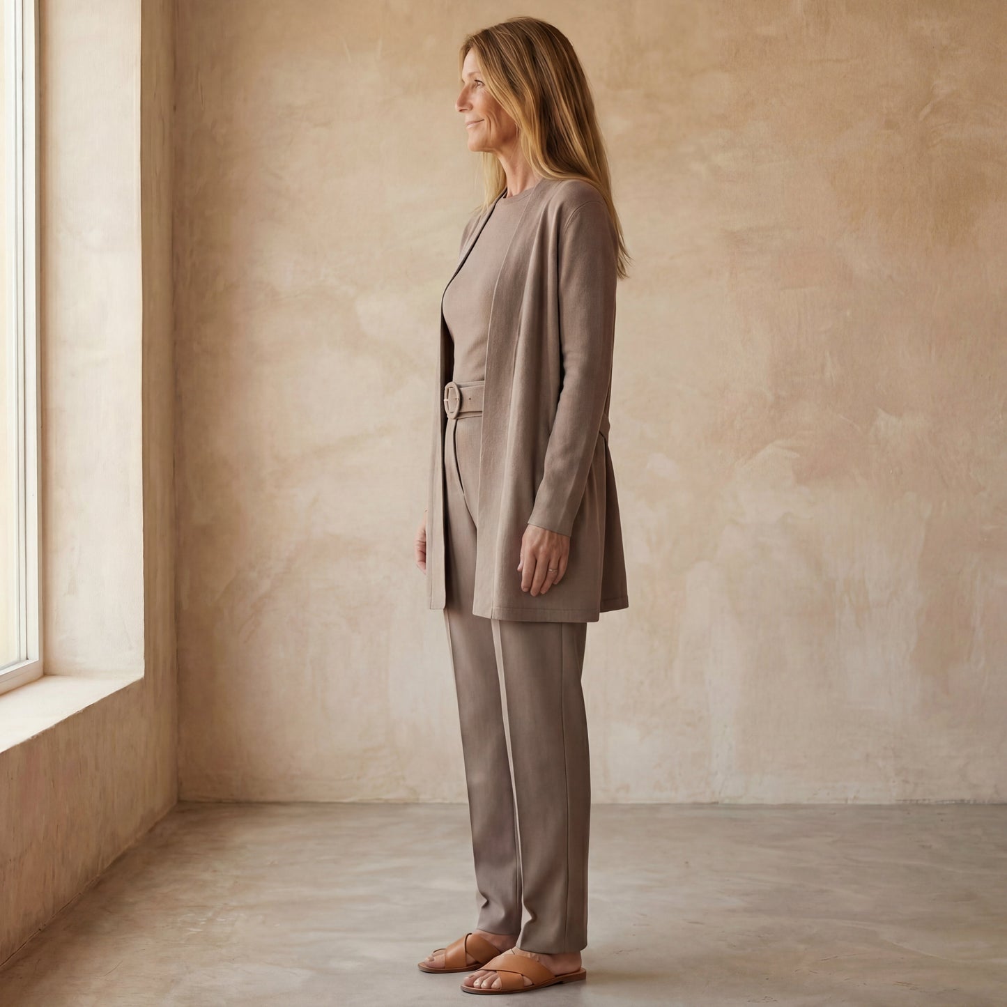Conjunto De Tres Piezas Con Cardigan Largo Abierto Y Pantalón De Corte Recto Para Mujer | Ideal Para Uso Diario Y Profesional