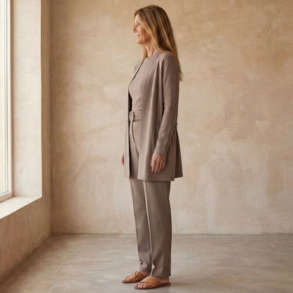 Conjunto De Tres Piezas Con Cardigan Largo Abierto Y Pantalón De Corte Recto Para Mujer | Ideal Para Uso Diario Y Profesional