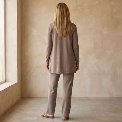Conjunto De Tres Piezas Con Cardigan Largo Abierto Y Pantalón De Corte Recto Para Mujer | Ideal Para Uso Diario Y Profesional